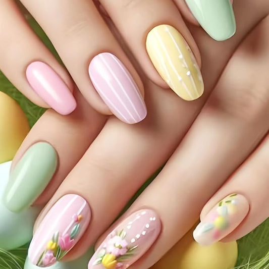 Medium Coffin Press on Nsils Spring Summer Fake Nails Yellow Pink Stick on Nails for Women 24Pcs with Flower Lines Designs Colorful Glue on Nails Girls Nail Press ons Glossy Art