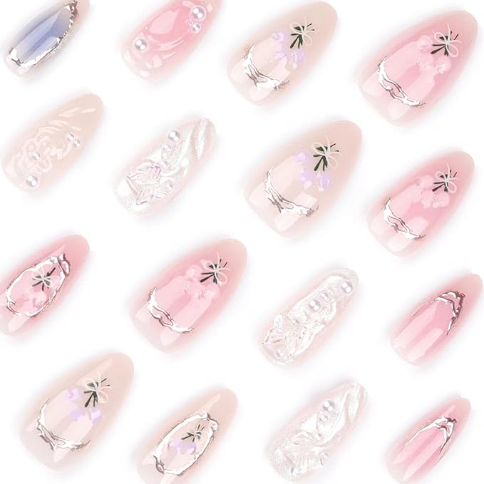 24Pcs Handmade Press on Nails Almond Medium Fake Nails with 3D Flower Butterfly Pearls Charms Designs Glue on Nails French False Nails Almond Shape Acrylic Nails Cute Bow Stick on Nails for Women
