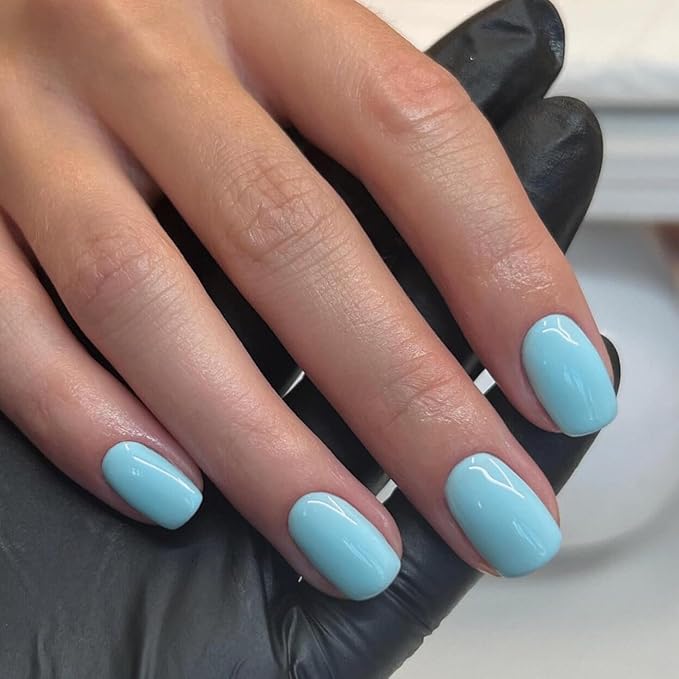 KQueenest Short Press-on Nails - Square, Baby Blue, Glazed Gel, Acrylic, Pure Fake, Short, Natural, Petite, Bright, Stick-on Nails for Fingers