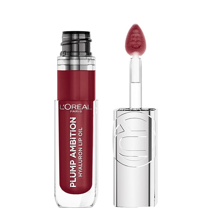 L'Oreal Paris Plump Ambition Hyaluron Lip Oil, 24 HR Lip Gloss with Hyaluronic Acid, Volumizing Formula with Glass-Like Shine, Berry Jolie 490, 0.16 Fl Oz