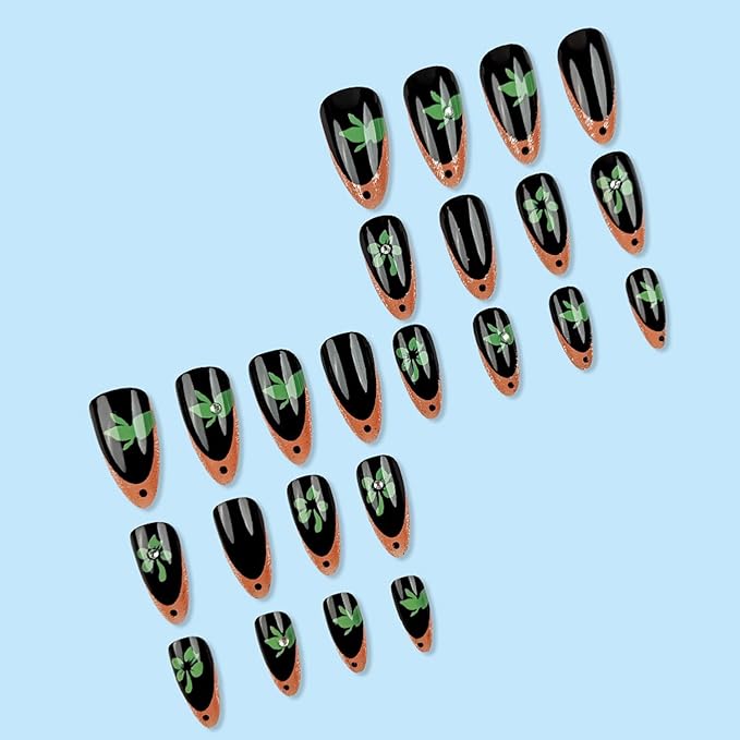 St. Patrick's Day Press on Nails Medium Length French Tip Fake Nails Green Shamrock Glitter with Rhinestones Four-leaf Clover Stick on Nails Acrylic False Nails Nail Tips for Women Manicure Art 24Pcs