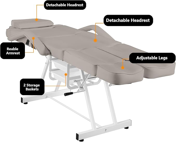 Tattoo Chair with Stool, Facial Bed Adjustable Legs Foldable Facial Chair Spa Bed for Client for Beauty Capacity 330lbs Gray