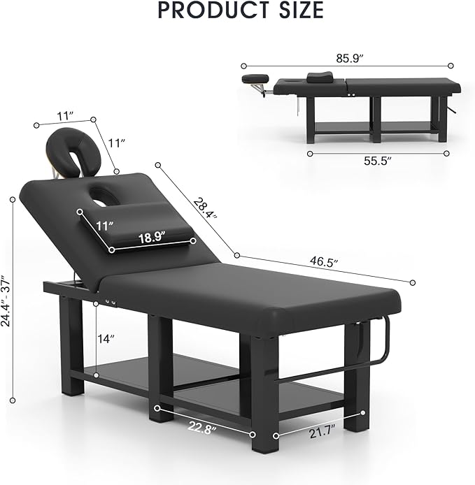 Heavy Duty Wide Stationary Massage Table Metal Frame PU Leather Spa Facial Professional Adjustable Massage Bed with Open-Chest & Headrest for Treatment Physical Therapy Tatoo Salon Equipment
