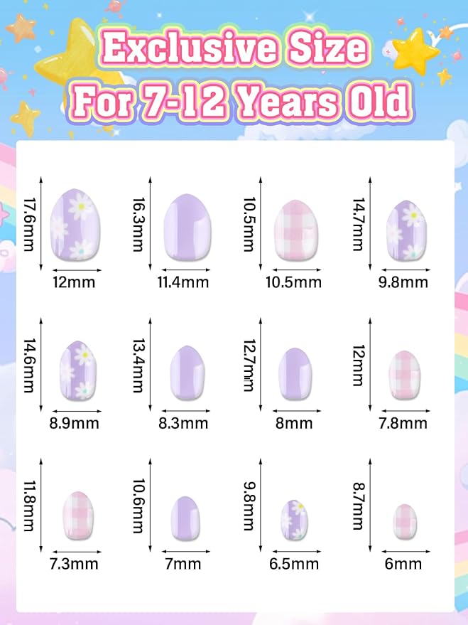 72 Pieces Press on Nails for Kids, EBANKU 3 Pack Kid Fake Nail Kit Purple Flower Black Streak Press on Nails for Girls 7-12 Years with Jelly Nail Adhesives