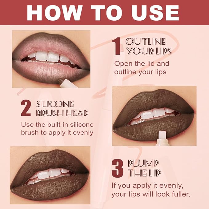 Plump Matte Crayon Lip Liner Pencil, Dark Brown Lipstick Lip Liners for Women, 24 Hour Long-Lasting Lip Gloss Makeup, With Silicone Smudger for Define Contours & Sculpting Lip, 08