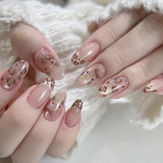 Nude Leopard Press On Nails 24pcs, Cute Cat Design Almond False Nails with Gold Shimmer and 3D Bow, Glossy Reusable Stick On Nails Kit for Women and Girls
