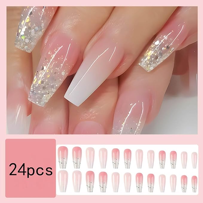 Hkanlre Bling Press on Nails Long Gradient Fake Nails Tips Full Cover False Coffin Nails for Women and Girls 24PCS