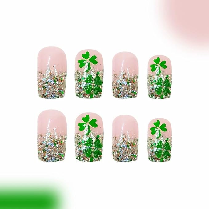 St. Patrick's Day Press On Nails, 24pcs Short Square Acrylic False Nails, Green Glitter & Ombre Designs, Glossy, Safe & Sturdy, Easy to Use, DIY