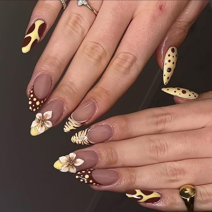 24Pcs Fall Almond Press on Nails Medium French Tip Fake Nails with Gold Beads Design 3D Flower Glue on Nails Brown Leopard Print Artificial Acrylic Nails French Tip Stick on Nails Decoration for Women