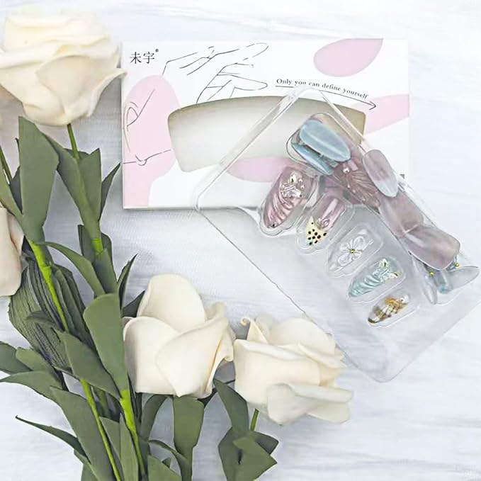 French Tip Press on Nails Medium Almond Nails Tip 3D Butterfly Fake Nails Reusable Cute Flower Acrylic Nails Gem Rhinestones False Nails with Water Ripples Design for Women Manicure Accessories 30Pcs