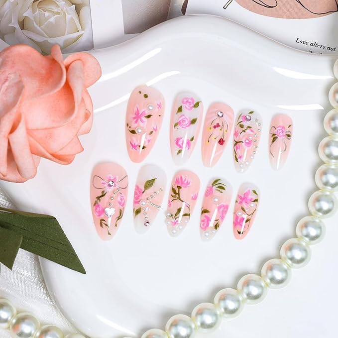 24Pcs Pink Flower Press on Nails Medium Almond Fake Nails with Peach Blossom Rhinestones Pearl Design Handmade False Nails 3D Floral Gems Bow Glue on Nails Rose Artificial Acrylic Nails Kit for Women