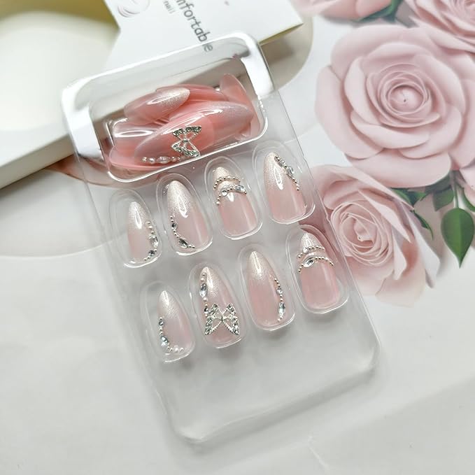 24Pcs 3D Butterfly Press on Nails Almond Fake Nails Glitter French Tip Glue on Nails Butterfly Nail Charms Rhinestones Pearl Artificial Acrylic Nails Medium Glossy Nude Stick on Nails for Women