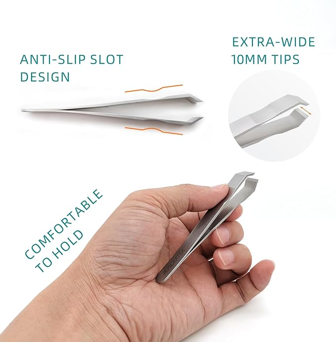 Beard & Hair Plucking Tweezers, Fine Eyebrow Tool, Stainless Steel, 10mm Tip, Anti-Slip Slot Design, Cyan PU Case