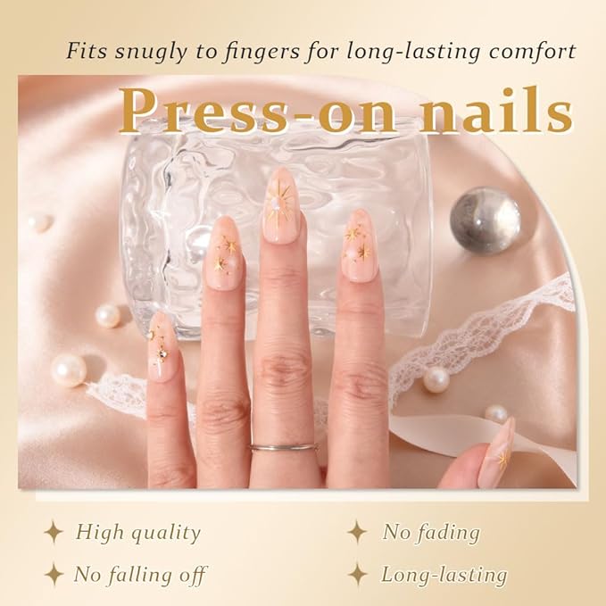 3D Boho Stars Gold Press On Nails Almond Medium 30Pcs, Heart Charms Design Reusable Acrylic Nails Press Ons, Fake Nails With Cute Celestial Glue On Nail, Daily Wear False Nail For Women
