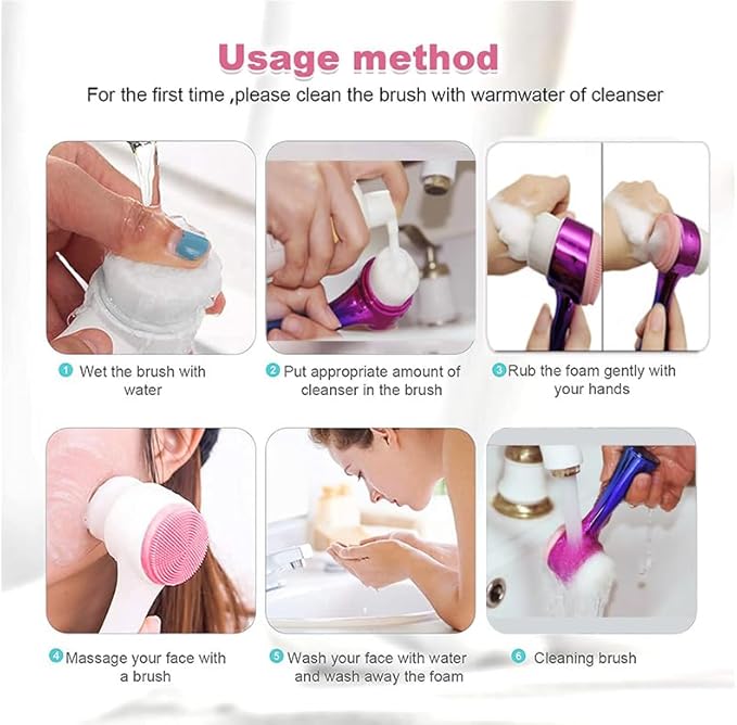 Facial Cleansing Brush 2 in 1Double-Sided Facial Cleaning Brush with Soft Bristles for Deep Pore Exfoliation, Wash Makeup, Massaging (Silver)