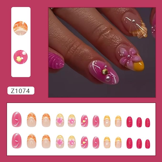 24Pcs Pink Flower Press on Nails Short Almond Fake Nails 3D Floral with Gold Shell Pearl Designs Glitter Glue on Nail Full Cover Summer Beach False Nails Ocean Stick on Nail for Women Acrylic