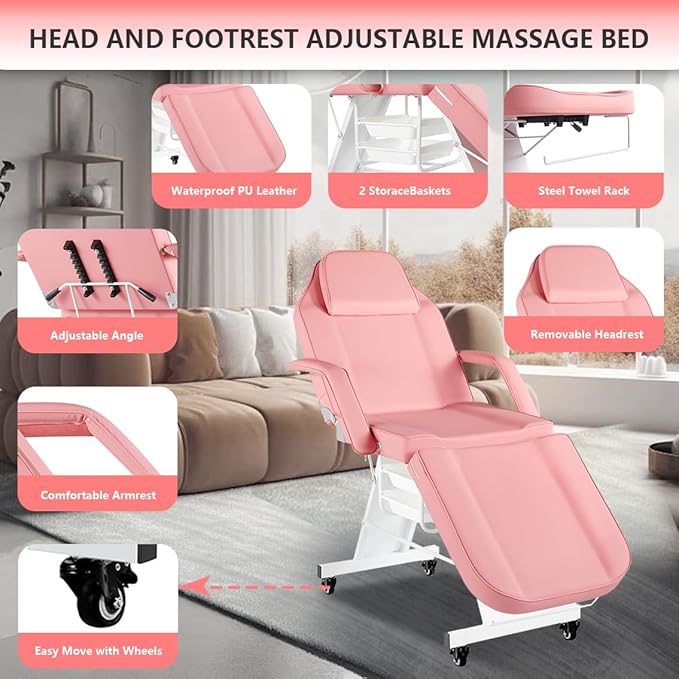 Tattoo Chair for Client Facial Chair with Wheels 73inch Adjustable Tattoo Bed for Artist Massage Table with Stool Facial Bed for Spa Beauty Pink