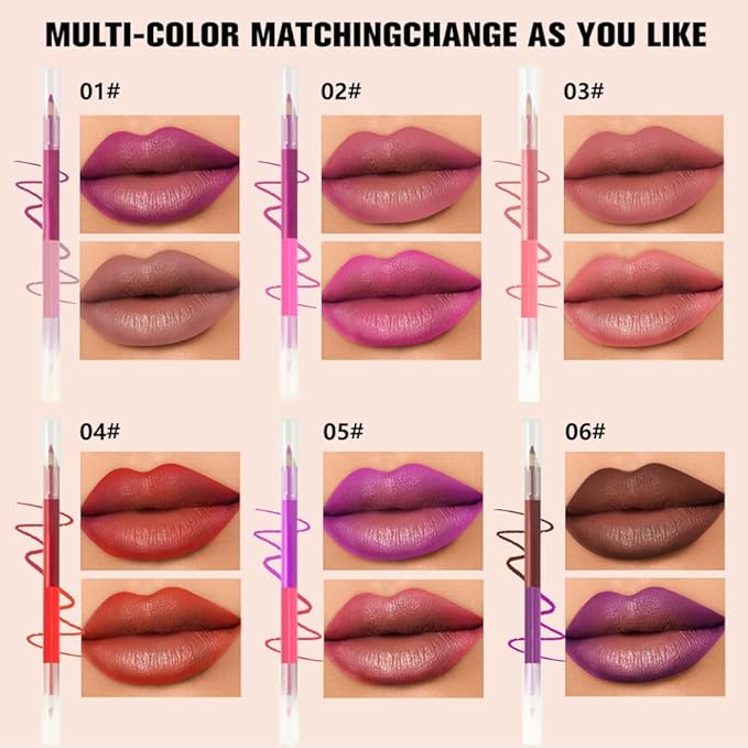 6Pcs Dual-Ended Dual-Colored Lip Liner Pencil Set - 12 Colors Matte Lipstick Pencil, No Transfer Smudgeproof & Waterproof, Sharpenable Lip Crayon for Women,Velvet Long-Lasting Lip Color Set A