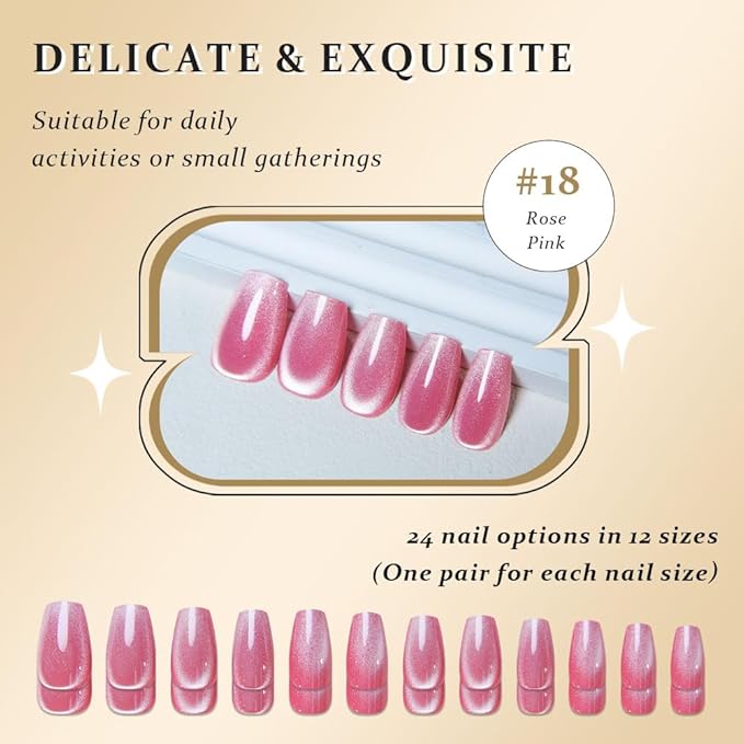 evpct Rose Pink Cat Eye Coffin Press on Nails Square Medium, Medium Square Glue on Nail for Women, Rose Pink Metallic Glitter Glossy Reusable Summer Soft Gel Press on Acrylic Fake Nail with Designs