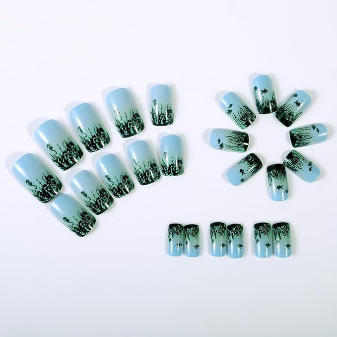 Summer Press On Nails Medium Square Fake Nails Sea Grass With Fish Sea Horse Design Ombre False Nails Acrylic Artificial Nails Blue Glue On Nails Full Cover Stick On Nails For Women Manicure 24pcs