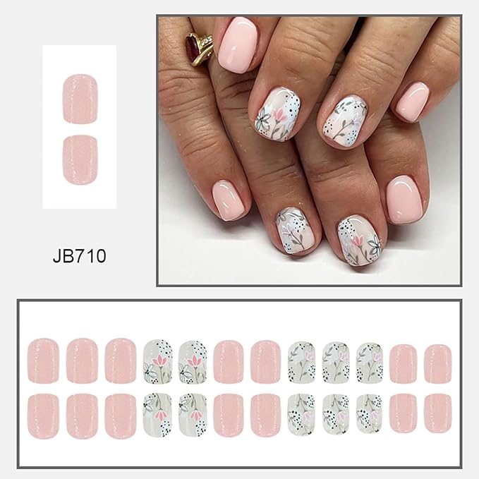 24Pcs Pink Press on Nails Short Square Fake Nails with Designs Colorful Flower Leaf Glue on Nails Glossy Acrylic False Nails Full Cover Spring Summer Artificial Nails for Women Girls Manicure