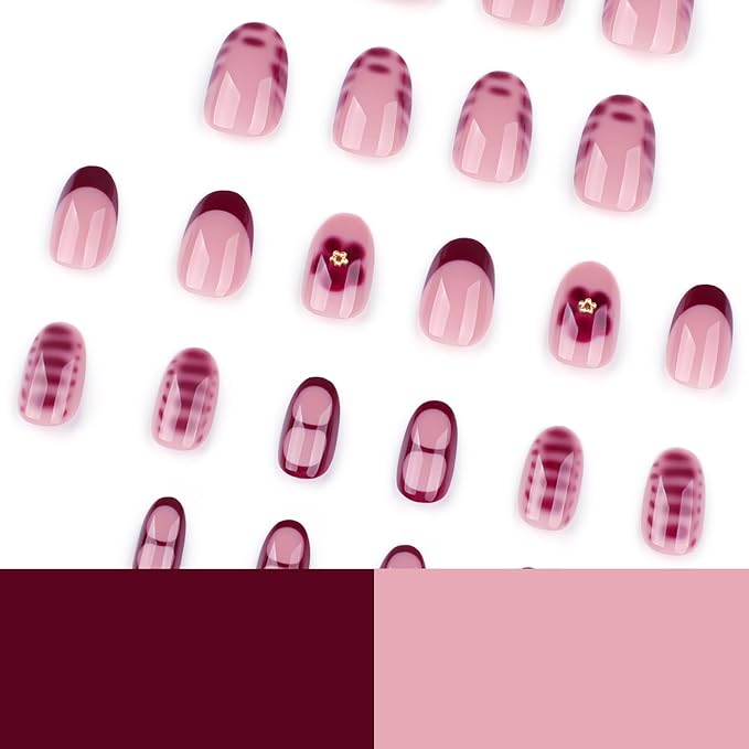 Red Press On Nails Short Oval, Summer Fall Fake Nails with Red French Tips and Elegant Petal Accent Designs, Glossy Gel Finish Acrylic Nails, Thick Reusable Glue On Nails Kit for Women, 24 Pcs