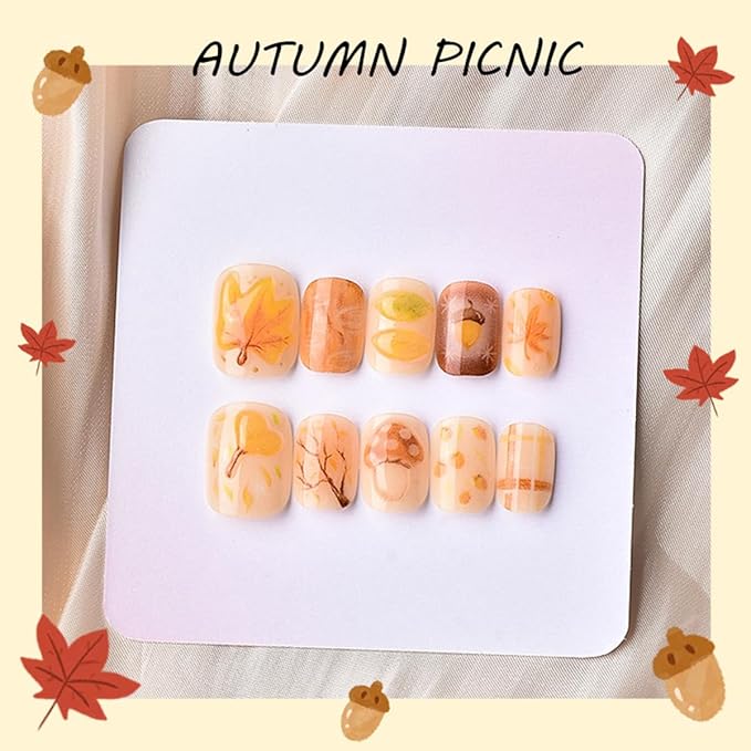 30Pcs Fall Press on Nails Short Square NEWSPIED Fake Nails with 3D Maple Leaf Mushroom Pine Cones Design Autumn Thanksgiving Nails Reusable Artificial Nails Glossy Full Cover Glue on Nails for Women