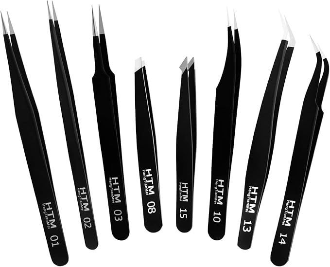 HengTianMei 8Pcs lash tweezers 3 Stainless Straight and 3 Curved Tip Eyelash Tweezers, With 2 Slant Pointed Precision Eyebrows Tweezers for eyelash extensions, Facial Hair, and Ingrown Hair Removal
