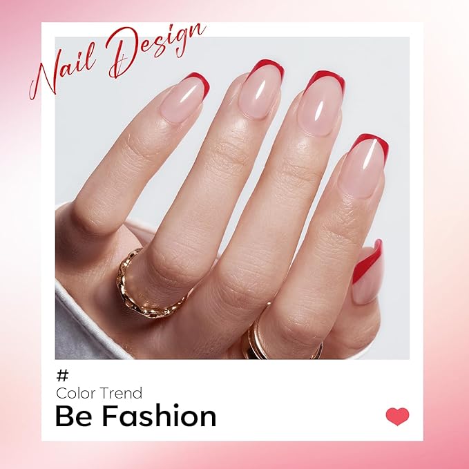 Modelones Christmas French Tip Press on Nails Short, Light Pink Square Fake Nails, Reusable Nail Kit with Nail Glue Adhesive Tabs Mini Nail File, Nails Press Ons 32Pcs 16Sizes, Red