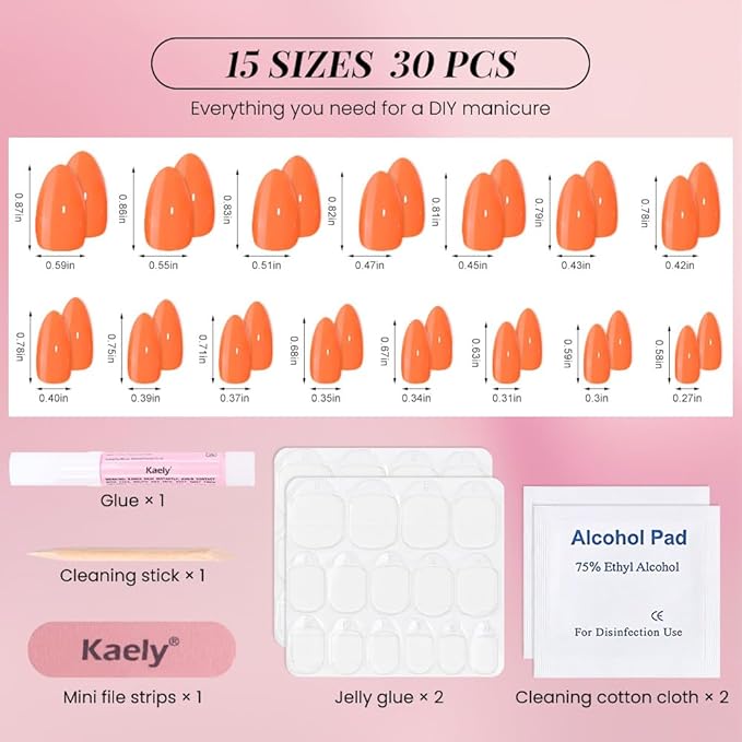 evpct Glossy Press on Nails Short Almond Short for Women, Orange Fake Nail with Glue Salon Quality Reusable Stick on Nails In 15 Sizes 30Pcs Full Cover False Nail Soft Gel Set Kit for Gift, 19