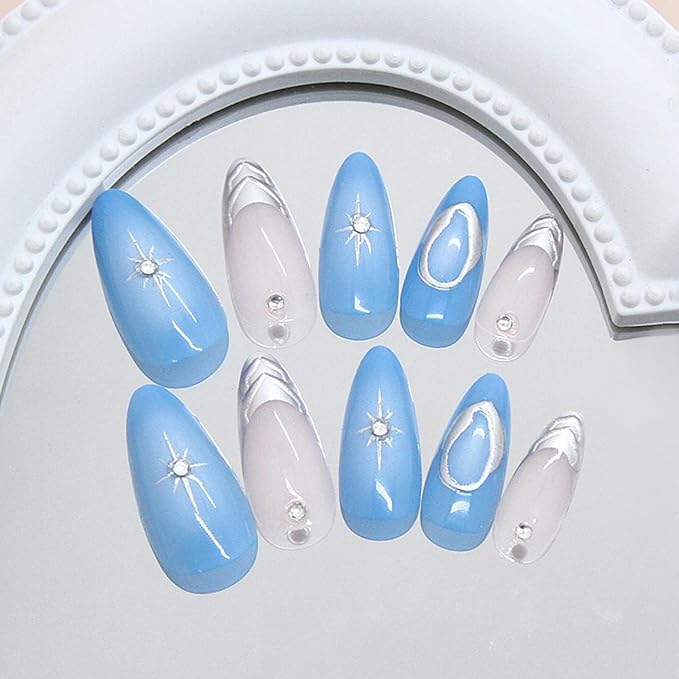 24Pcs Silver French Tip Press on Nails Medium Almond Fake Nails 3D Metallic Design Chrome Glue on Nails Y2k Star Acrylic Nails Gradient Blue Full Cover False Nails for Women Almond Artificial Nails