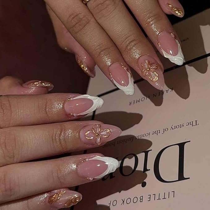 Press on Nails Almond Fake Nails Pink Gold Line Design 3D French Tip False Nails with Glue on Nails Medium Acrylic Nails Glossy Full Cover Stick on Nails for Women Manicure 24Pcs