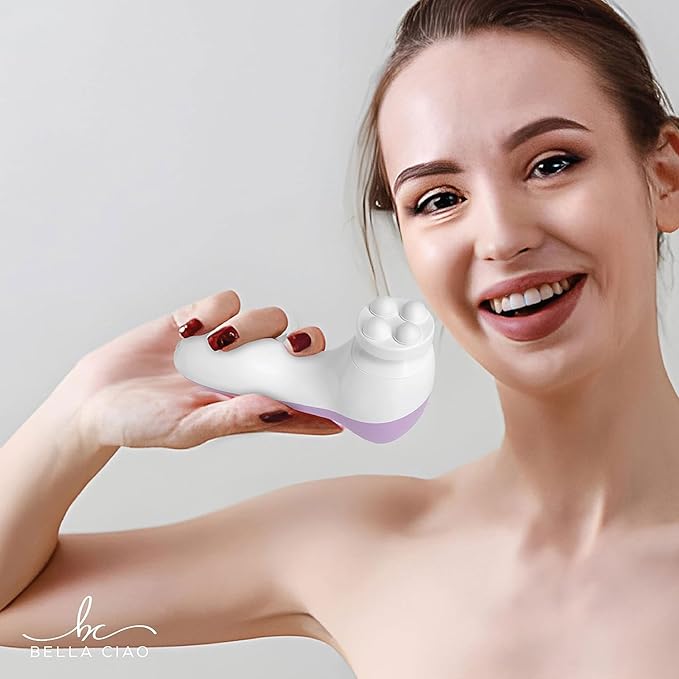 Bella Ciao 6-Piece Facial Cleansing and Exfoliating Set with Soft Facial Brush, Rolling Massager Head, Latex Sponge, Makeup Sponge, and Callus-Remover Disc, Batteries Not Included, Lavender