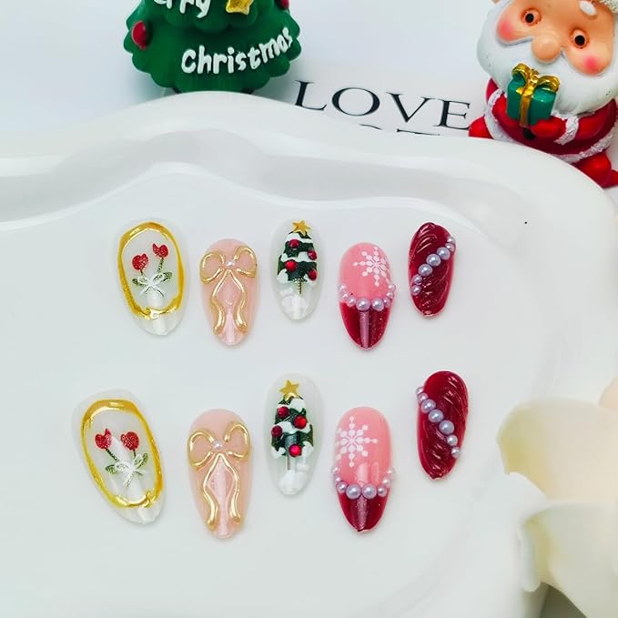 30Pcs Christmas Press on Nails Medium Almond Fake Nails 3D Gold Bow Christmas Trees Snowflake False Nails with Pearl Rhinestones Design Red French Tips Glue on Nails for Women Winter Nail Decortion
