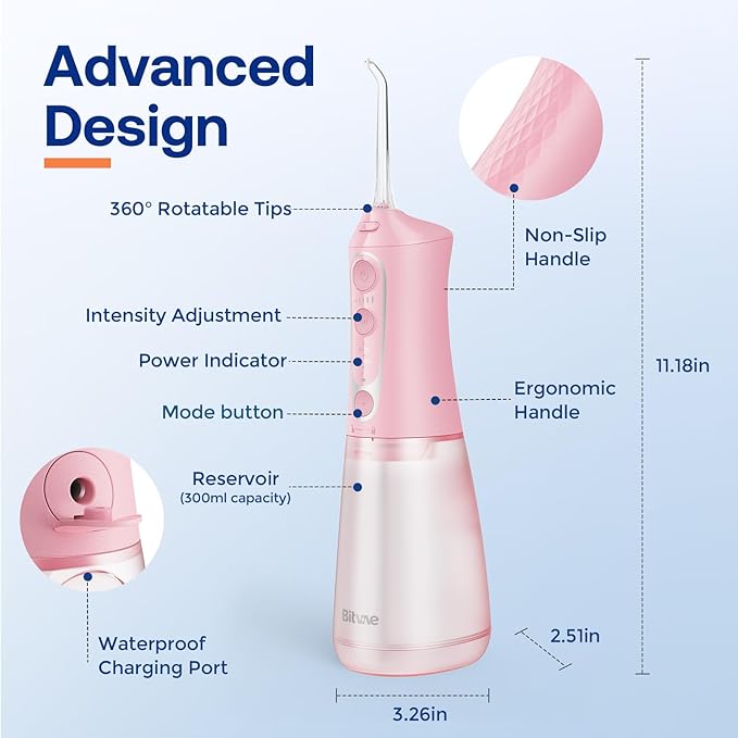 Bitvae C6 Water Flosser Teeth Picks, Portable Cordless Oral Irrigator, IPX7 Waterproof Braces Flossers Cleaner, 5 intensities 6 Jet Tips, USB Rechargeable Water Dental Picks for Cleaning, Pink