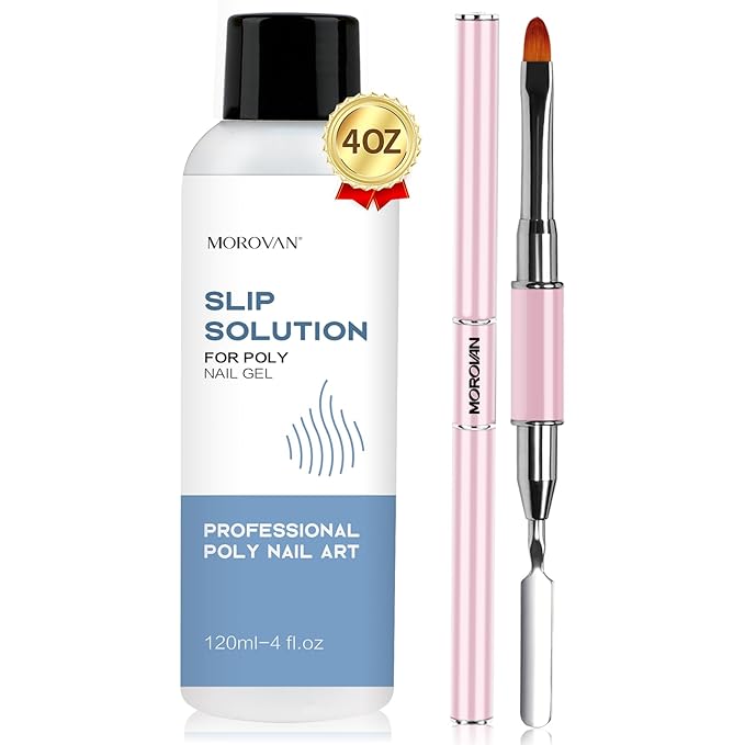 Morovan Poly Gel Slip Solution Kit: 4oz Slip Solution Liquid for Poly Gel Nails Dual-Ended Brush Pusher for Beginner