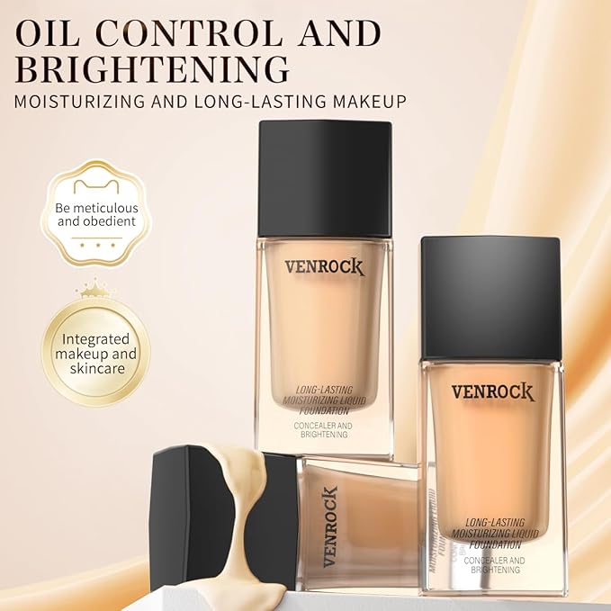 VENROCK 24HR Long-Lasting Moisturizing Liquid Foundation | Radiant, Waterproof, Concealing & Oil-Control (01# Ivory White, 30ml)