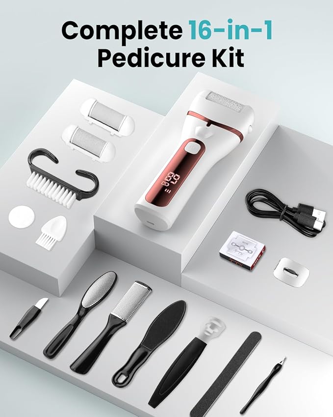 PUBOO Foot Callus Remover Electric 10000 RPM 3-Speed IPX7 Rechargeable Pedicure Kit for Hard Skin Women & Men. Portable Multi-Roller File Grinder Sander Scrubber with LED Display for Wet & Dry Feet