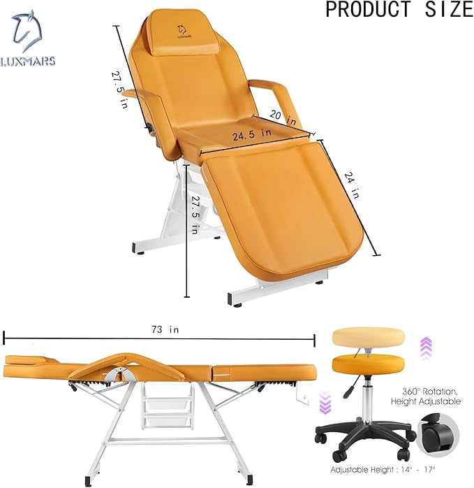 Facial Chair Massage Table 73in 3-Section Multipurpose Massage Bed Professional Tattoo Chair Salon Spa Equipment for Facial Spa Beauty Spa Salon Equipment-Orange
