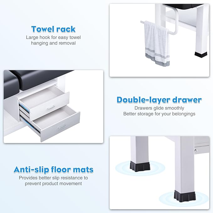 Massage Table with Towel Rack and Storage, 1500lbs Weight Capacity Iron Base Massage Bed Adjustable Backrest for Professional & Home Use, Spa Treatment Table for Relaxation and Therapy, Black