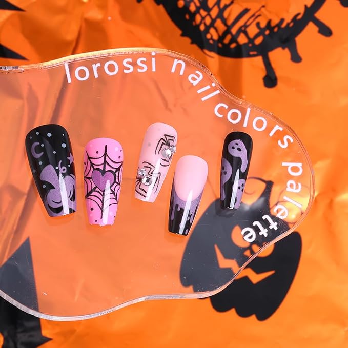 24Pcs Halloween Press on Nails Medium Square French Tip Fake Nails with Pink Pumpkin Ghost Spider Web Bat Design Silver Rhinestone False Nails Full Cover Glue on Nails Gothic Stick on Nail for Women