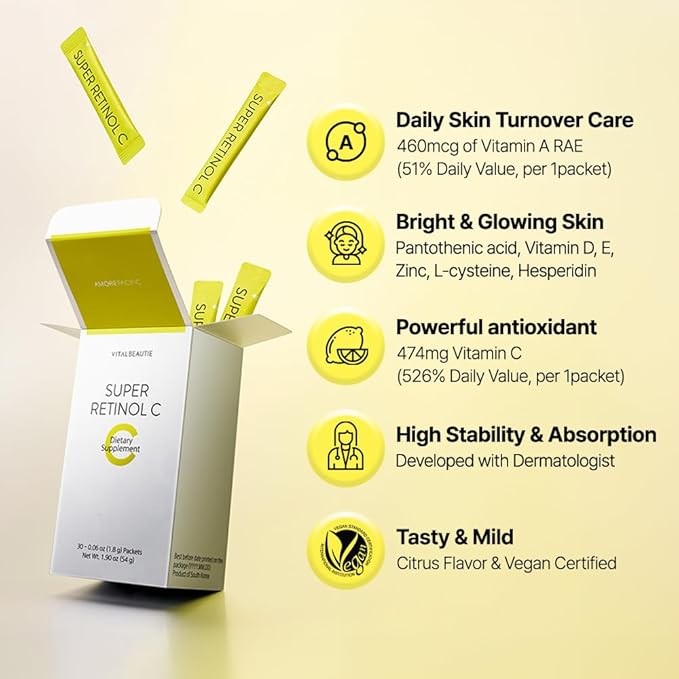 VITALBEAUTIE Super RetinolC (Powder, Skincare Supplement) - Retinol, Vitamin A, C, D, E, Pantothenic Acid, Zinc, L-Cysteine for Skin Radiance and Tone Vegan Authorized AMOREPACIFIC - 30 Packets