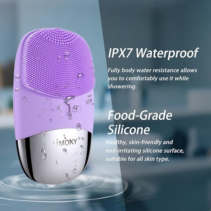 Facial Cleansing Brush, 3-in-1 Electric Silicone Face Scrubber, Vibrating Massager, IPX7 Waterproof, USB Rechargeble Pore Brush for Deep Cleanning, Blackhead Remover, Exfoliating (Purple)