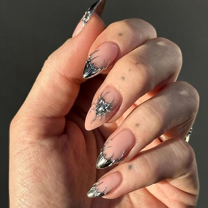 French Tip Press on Nails Silver Almond Fake Nails Medium Acrylic Nails Press ons with 3D Heart Designs Silver Metal Artificial False Nails Glossy Full Cover Glue on Nails for Women Manicure 24 Pcs