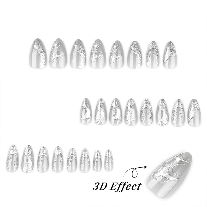 Silver Press on Nails Medium Almond Fake Nails Metal Chrome False Nails Gothic Stripes Line Acrylic Nails Reusable Artificial Nail 3D Full Cover Stick on Nail for Women Girls Manicure Art Decoration