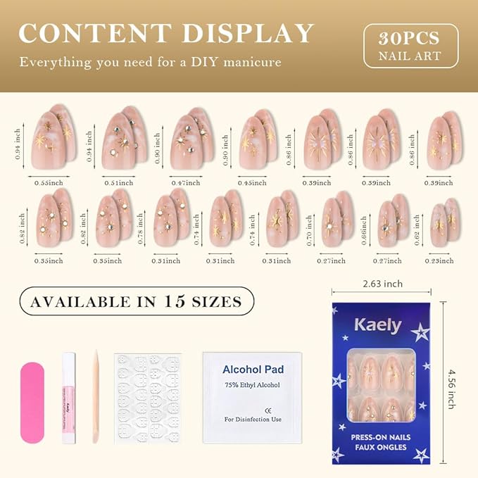 3D Boho Stars Gold Press On Nails Almond Medium 30Pcs, Heart Charms Design Reusable Acrylic Nails Press Ons, Fake Nails With Cute Celestial Glue On Nail, Daily Wear False Nail For Women