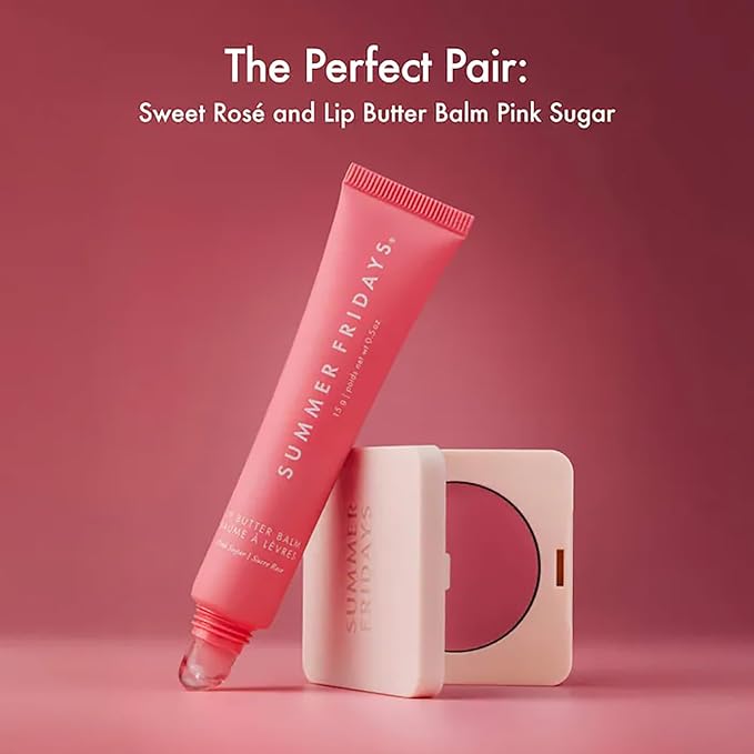 Summer Fridays Blush Butter Balm - Skincare-Infused Hydrating Cream Blush with Hyaluronic Acid, Ceramides, & Shea Butter for a Dewy Flush of Color - Cheek and Lip Tint - Sweet Rosé (0.14 Oz)