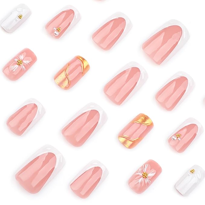 Medium Coffin Press on Nails with 3D Flower Gold lines Nails Press ons Glossy Glue on Nails Pink Acrylic Nails Full Cover Artificial Stick on Nails Reusable for Women 24Pcs