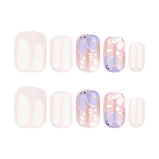 Short Square Press On Nails, Beige Fake Nails with Blossom Floral and Gold Foil Design, Glossy Reusable Acrylic Nails Kit for Women, Natural Look, 24Pcs Glue-On Set