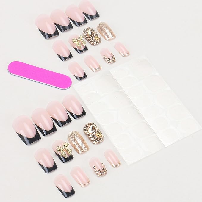 Medium Press on Nails Square Fake Nails with Bow Rhinestones Designs Black French Tip Nails Press ons Gold Glitter Acrylic Nails for Women 24Pcs